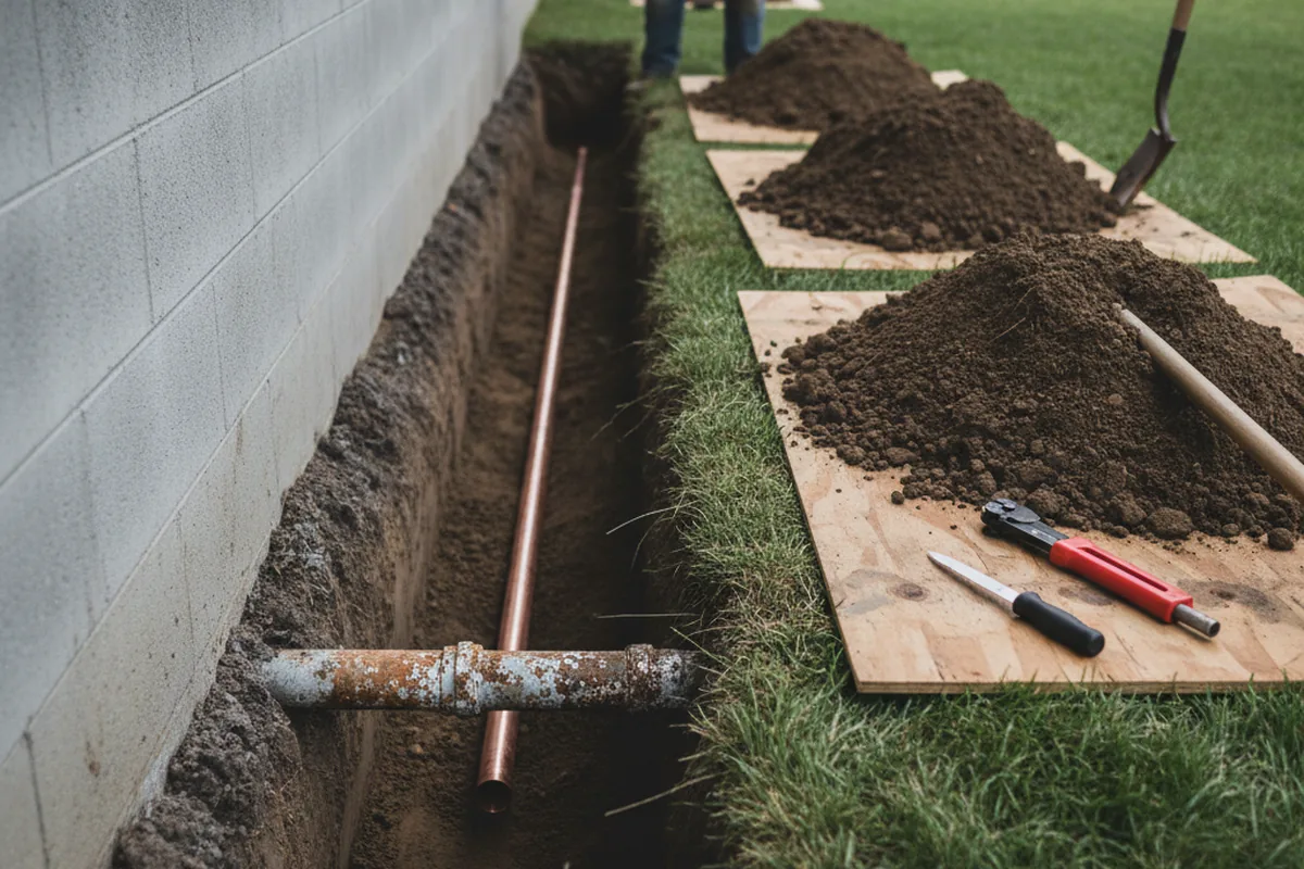 Excavated water line trench during Sewer Line Repair in Montour Falls